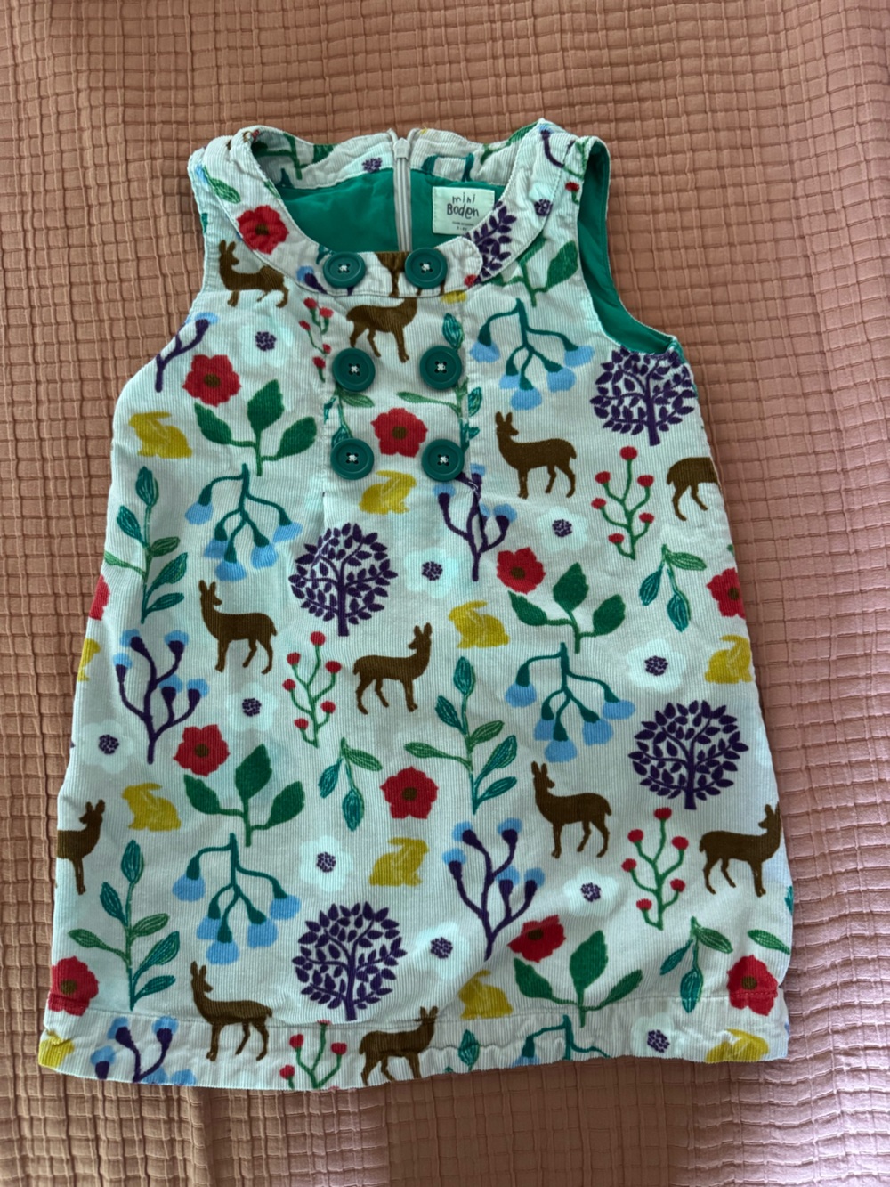 Mini Boden Soft Corduroy Floral & Animal Print Shift Dress with Teal Buttons